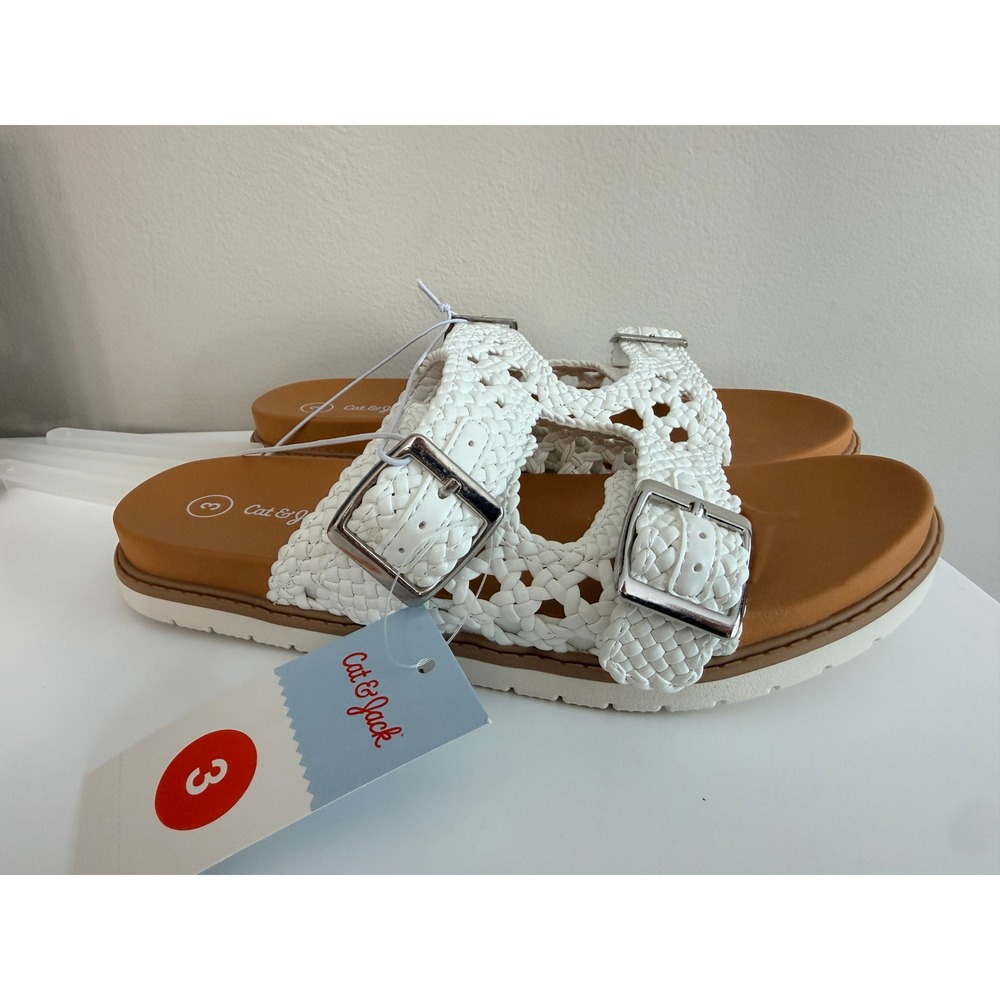 Cat & Jack Woven Slide Sandals Girls Size 3 White Braided Buckle Straps NWT - Picture 3 of 5